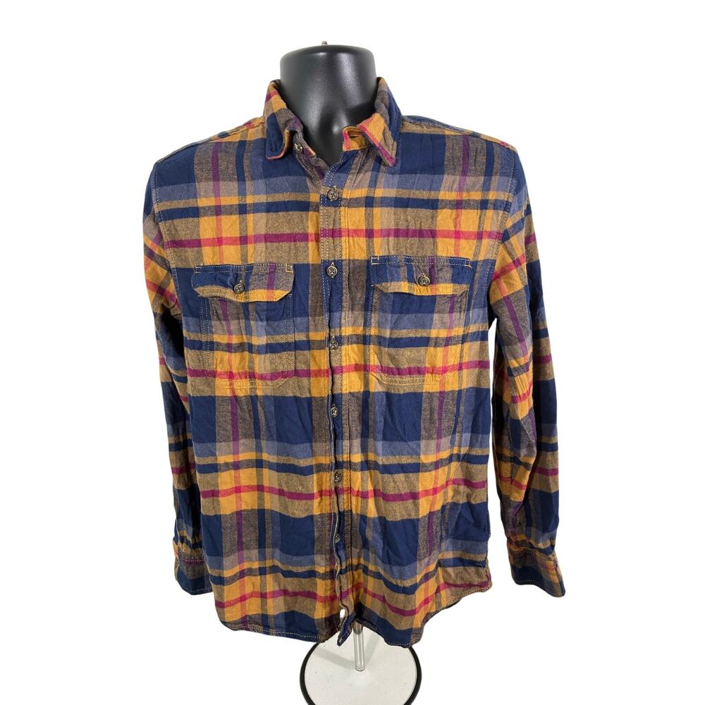 George Plaid Flannel Shirt Mens Small Blue Mustard
